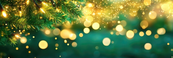 Festive green pine branches with glowing golden lights and sparkles. Merry Christmas. Happy New Year.