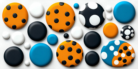 A vibrant arrangement of circular shapes in orange, black, white, and blue, featuring various polka dot patterns, creating a playful and modern aesthetic.