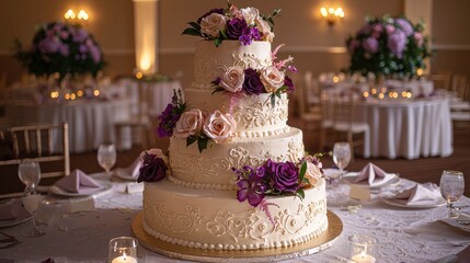 Fototapeta premium Elegant wedding cake adorned with roses and purple flowers centerpiece