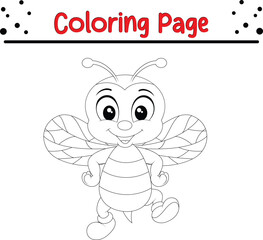 Cute and happy Bee coloring page. Cartoon insect black and white 