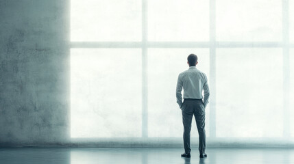 A contemplative man stands alone in a vast, minimalistic space with a large window, bathed in soft natural light, suggesting introspection and solitude.
