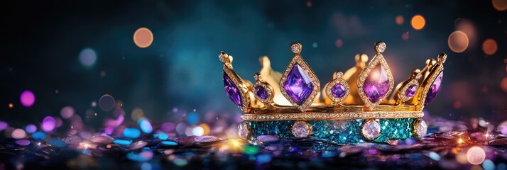 Obraz premium Majestic gold crown with purple gems and glittering background full of bokeh lights. Happy Mardi Gras