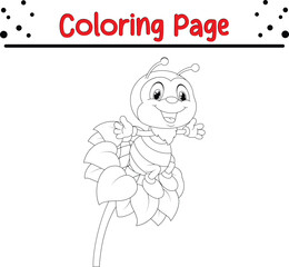 Cute and happy Bee coloring page. Cartoon insect black and white 