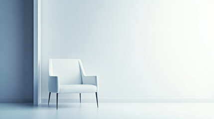 Minimalist white chair in an empty room, creating a serene and modern ambiance with soft lighting and simplistic design elements.