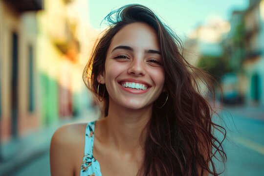smile, 35 years old mexican woman photo, on street, real face and real background
