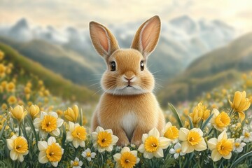 A cute rabbit sitting among yellow flowers in a serene mountain landscape.