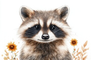Obraz premium A cute raccoon portrait surrounded by sunflowers, showcasing a whimsical and cheerful vibe.