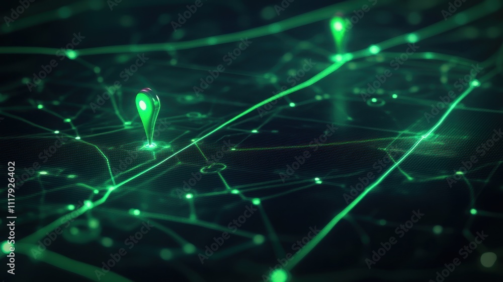 Poster glowing green map navigation with location pins.