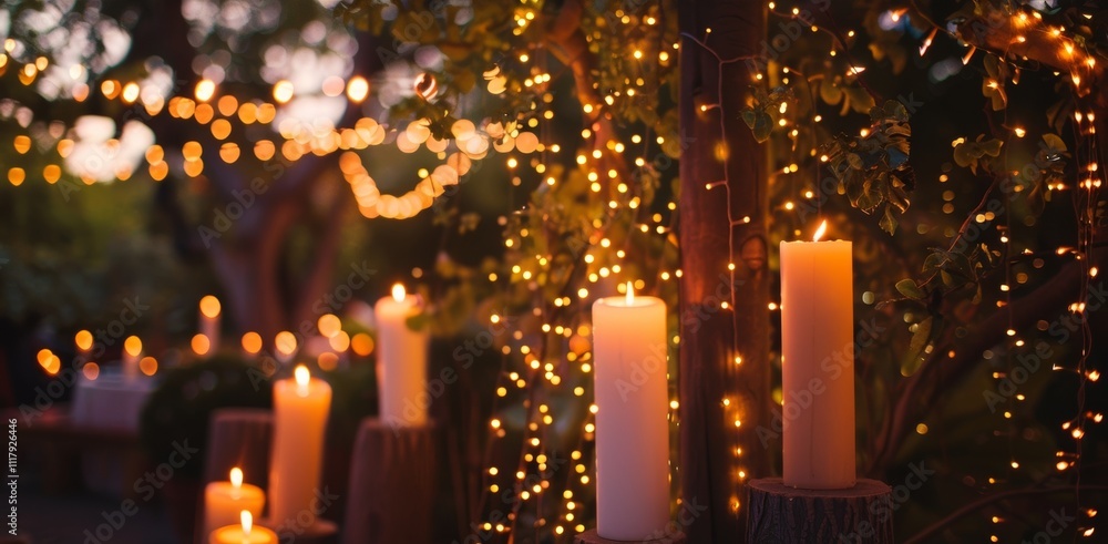 Poster delicate string lights are intertwined with the candles adding a romantic and whimsical touch to the