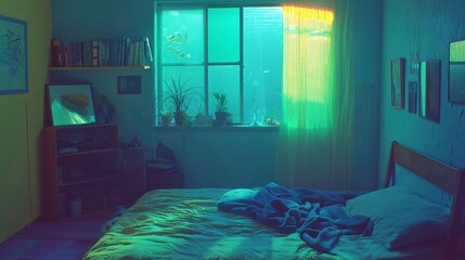 A serene bedroom with an underwater ambiance, featuring plants and soft lighting.