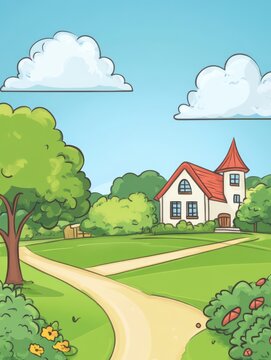 Countryside Crossroads: A charming cartoon illustration of a quaint house nestled amidst lush greenery, with two paths diverging at a crossroads, evokes a sense of idyllic rural life and choices.