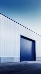 Modern Industrial Building: A sleek, modern industrial building features a large, dark blue roll-up door against a clean, light-grey wall, set against a clear blue sky.