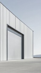 Fototapeta premium Modern Architectural Facade: A minimalist, sleek, and contemporary architectural facade with clean lines and a large sliding door. This building exudes sophistication and modern design.