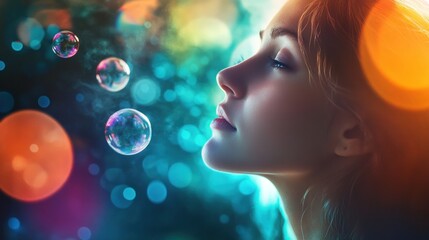 A serene profile of a woman with bubbles and colorful bokeh, evoking tranquility and wonder.