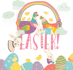 Vector cartoon illustration of cute chick and bunny with Easter eggs