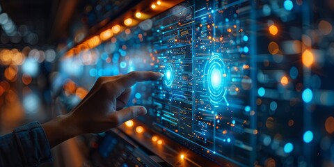 Hand interacting with a glowing futuristic touchscreen interface, featuring digital data and blue-orange lights