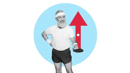 Motion trend art collage video of happy old man push ping pong ball racket arrow development sportive progress 