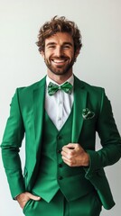 Man in Green Suit: A dapper man in an emerald green suit exudes confidence and charm, his bright smile capturing a moment of refined style.