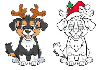 Black-and-white Christmas coloring page and its vibrant colored version for kids
