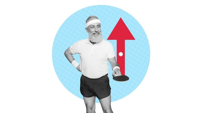 Motion trend art collage video of happy old man push ping pong ball racket arrow development sportive progress 