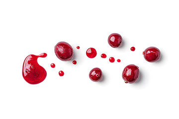 Fototapeta premium Red sauce splatters and drops top view on white background