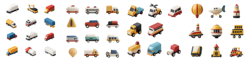 Various transportation icons representing different vehicles and modes of transport, isolated on transparent background.