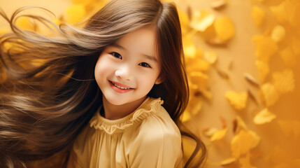 Fototapeta premium Portrait of smiling asian girl child with long white hair golden background.