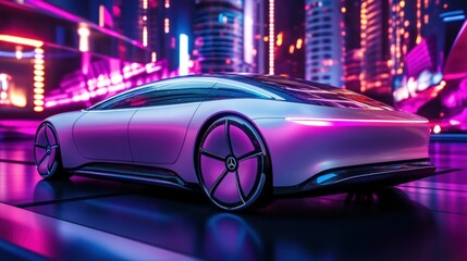 Naklejka premium Futuristic Electric Car in Neon Cityscape
