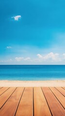 Fototapeta premium Serene Beachscape: A captivating view of an expansive, tranquil beach with a foreground of warm wooden planks leads the eye to a meeting of ocean and sky. Capturing the idyllic beauty of nature.