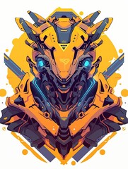 Abstract portrait of a futuristic robotic creature, yellow and orange tones, sharp lines and vibrant colors, digital art.