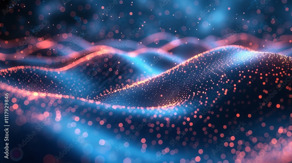Poster abstract wave with moving dots and lines. flow of particles, technology background.