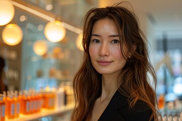 Obraz premium A woman with long, wavy hair smiles confidently inside a modern skincare boutique. The space features stylish product displays illuminated by soft lighting, creating a welcoming atmosphere