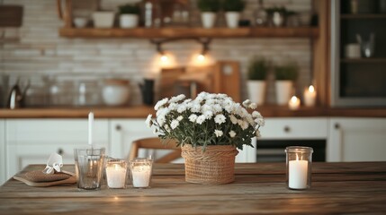 Charming kitchen interior with a farmhouse-style table, white chrysanthemums, and candles creating a warm and inviting mood
