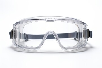 A set of safety goggles with an anti-fog coating, resting on a textured surface. The goggles feature a clear lens and comfortable padding around the edges