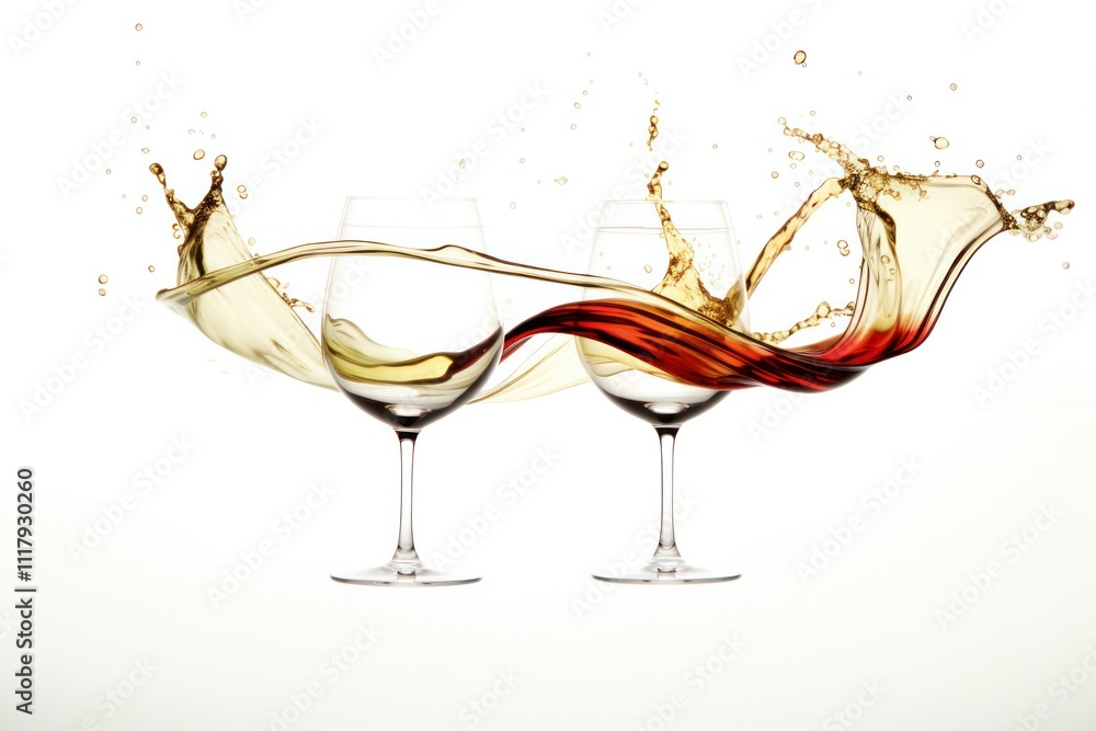 Poster an elegant splash of white wine cascading from a tilted glass, with a subtle splash of red wine in t