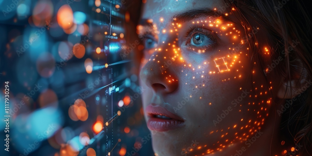 Poster close-up of a woman’s face with glowing orange digital patterns and data projections, symbolizing te