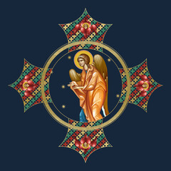 Naklejka premium Religious decorative cross with Angel in yellow cloth. Illustration in Byzantine style on deep blue background