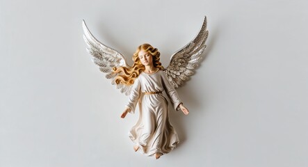 A beautiful angel figurine with flowing golden hair and shimmering wings on a plain pure white background