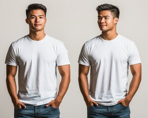 Confident Young Man Posing in Simple White T-Shirt Against Neutral Background, Showcasing Casual Style and Modern Fashion Trends in Studio Setting