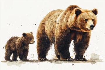 A watercolor illustration of a mother bear and her cub standing together.