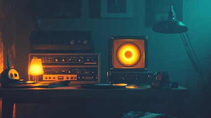 A cozy room with vintage audio equipment and warm lighting, creating a nostalgic atmosphere.