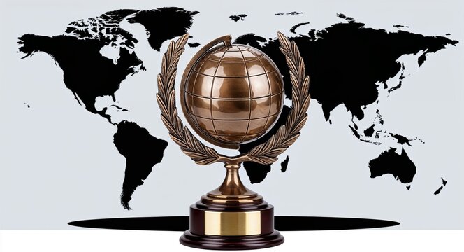 A bronze trophy with a globe and laurel design recognizing global leadership achievements on a plain world map background