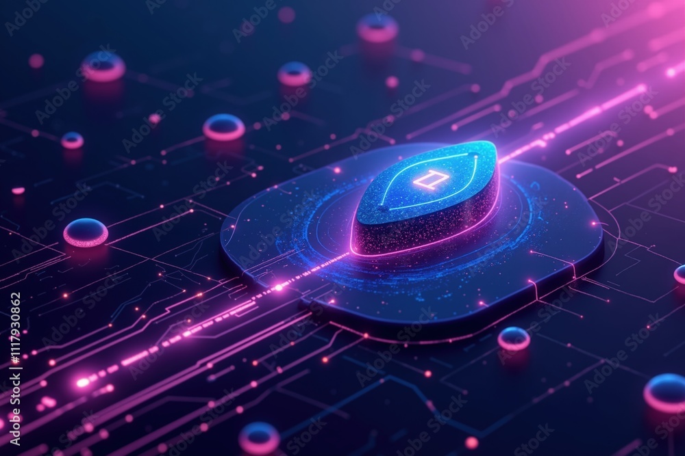 Poster futuristic neon circuit board with glowing element in a high-tech digital environment