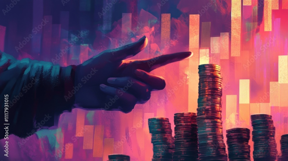 Poster hand pointing at growing stacks of coins against a dynamic financial chart background.