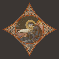 Decorative vintage element with Bible scene of Nativity of Jesus Christ. Illustration in Byzantine style
