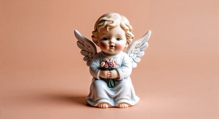 Fototapeta premium A cherubic angel figurine with chubby cheeks and a soft smile on a plain soft blue background
