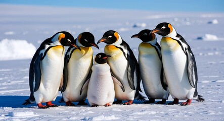 Obraz premium A cheerful penguin family huddled together in the snowy tundra