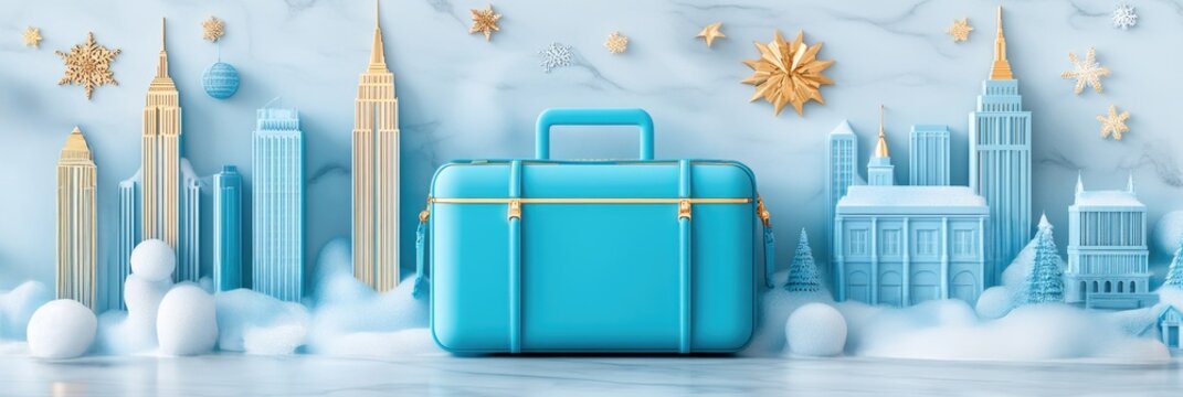 Vibrant travel agency advertisement featuring iconic city landmarks and winter theme - Powered by Adobe