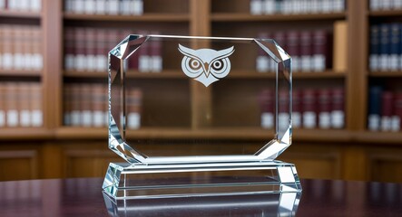 A crystal trophy with an owl design given for excellence in education or research on a plain scholarly library background