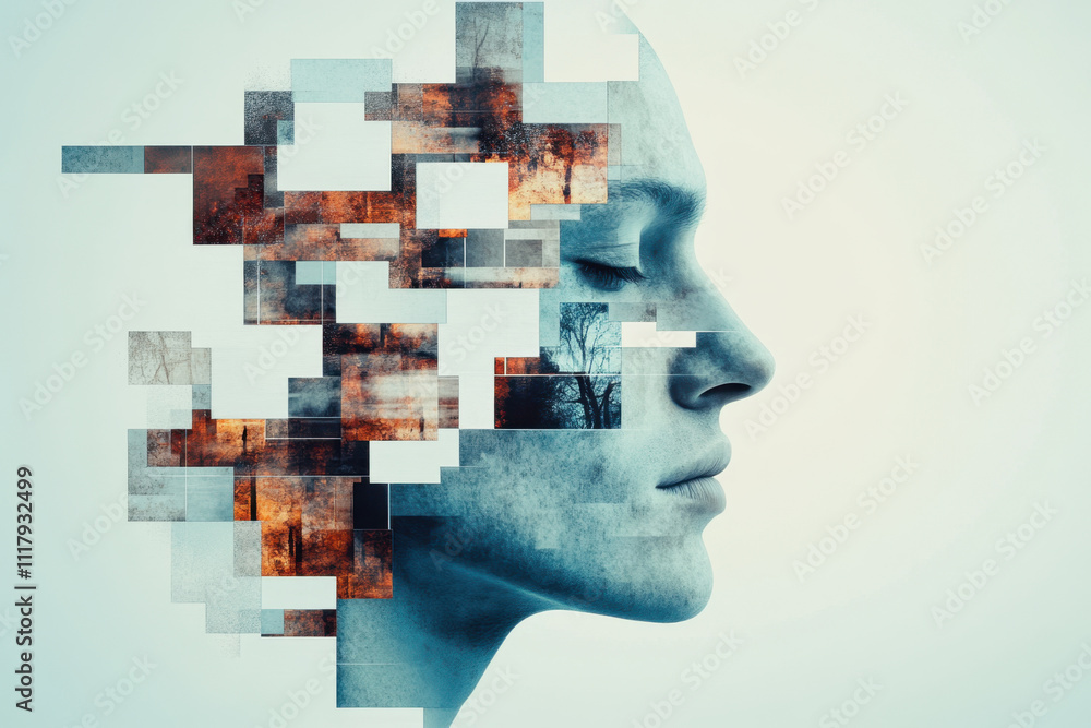 Poster overthinking. a surreal portrait merging human features with abstract pixelated elements, conveying 